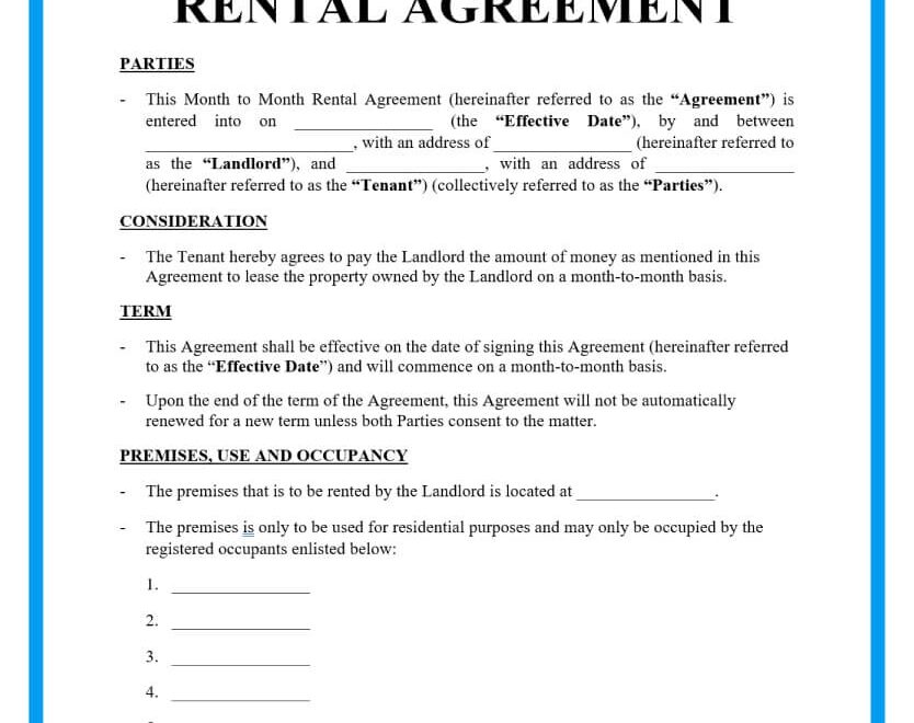 Monthly Rental Agreement Forms FREE Printable Printable Lease Agreement