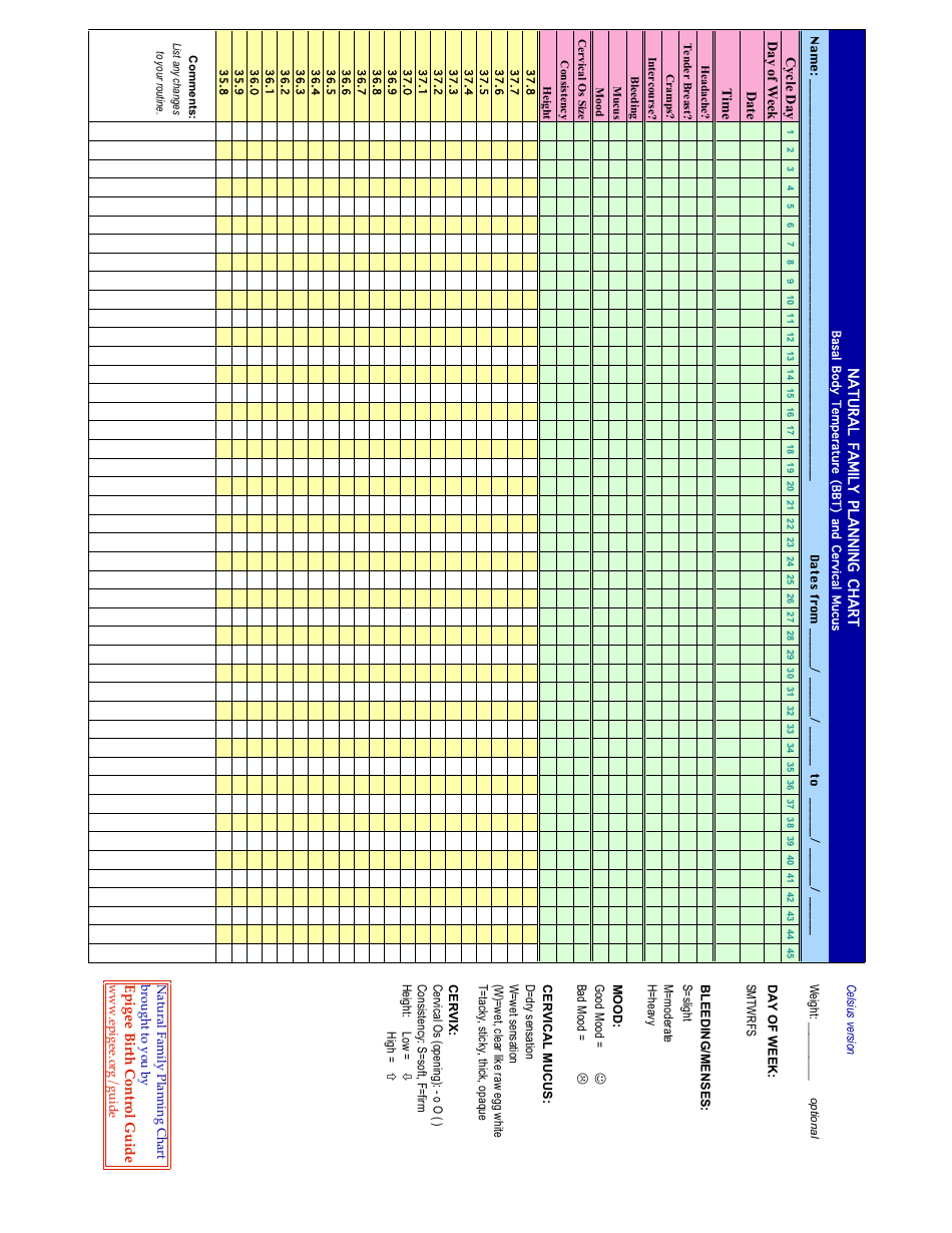Natural Family Planning Chart Template Download Printable PDF 