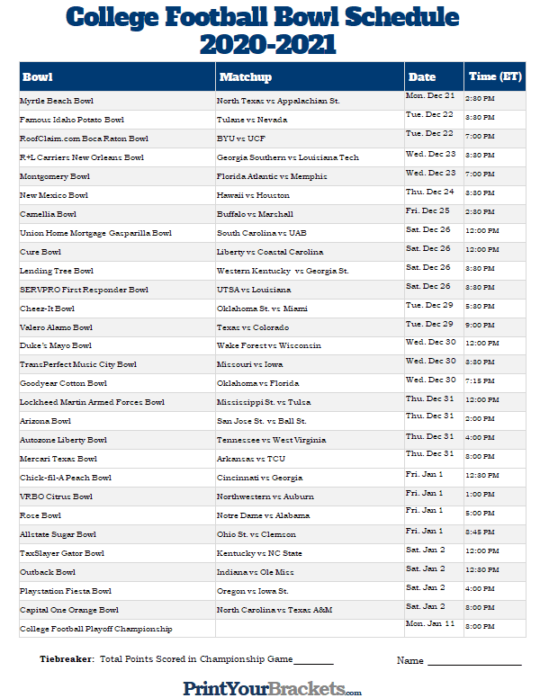 Bowl Games Schedule 2025 Printable