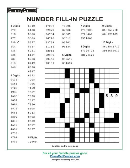 NUMBER FILL IN PUZZLE PennyDellPuzzles