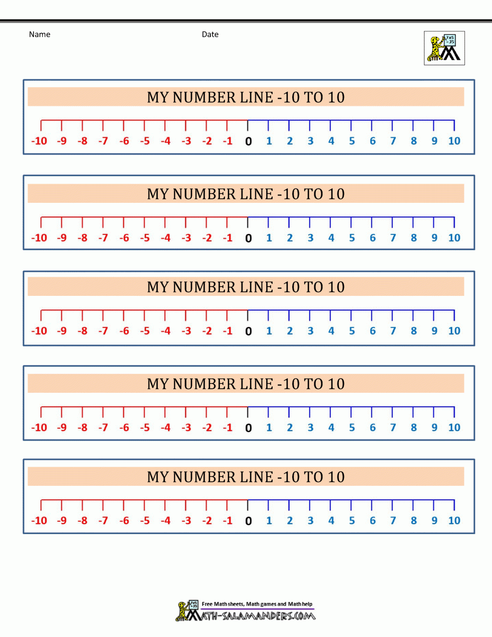 Number Line With Negative Numbers Printable