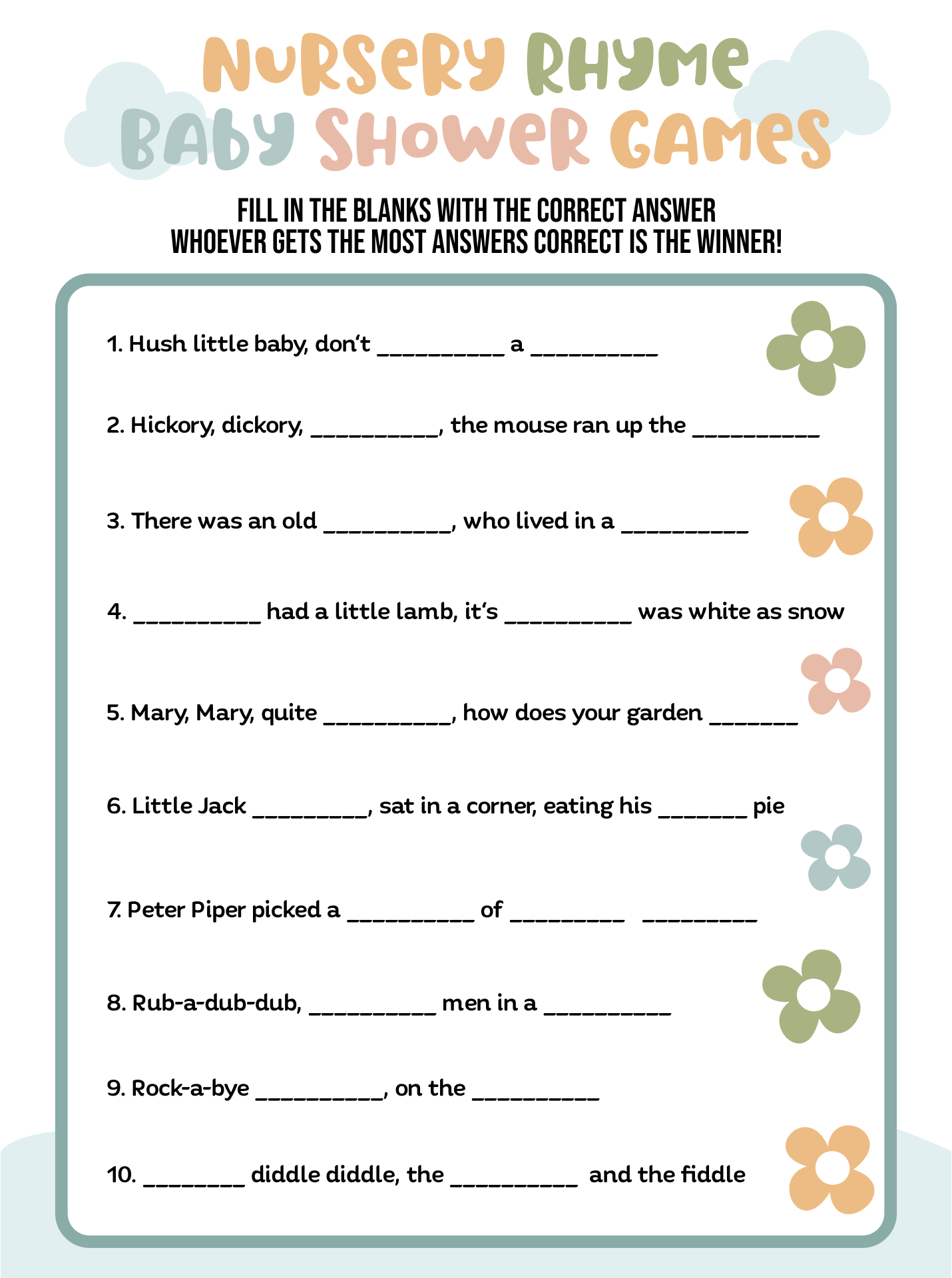 Nursery Rhyme Baby Shower Games 10 Free PDF Printables Printablee