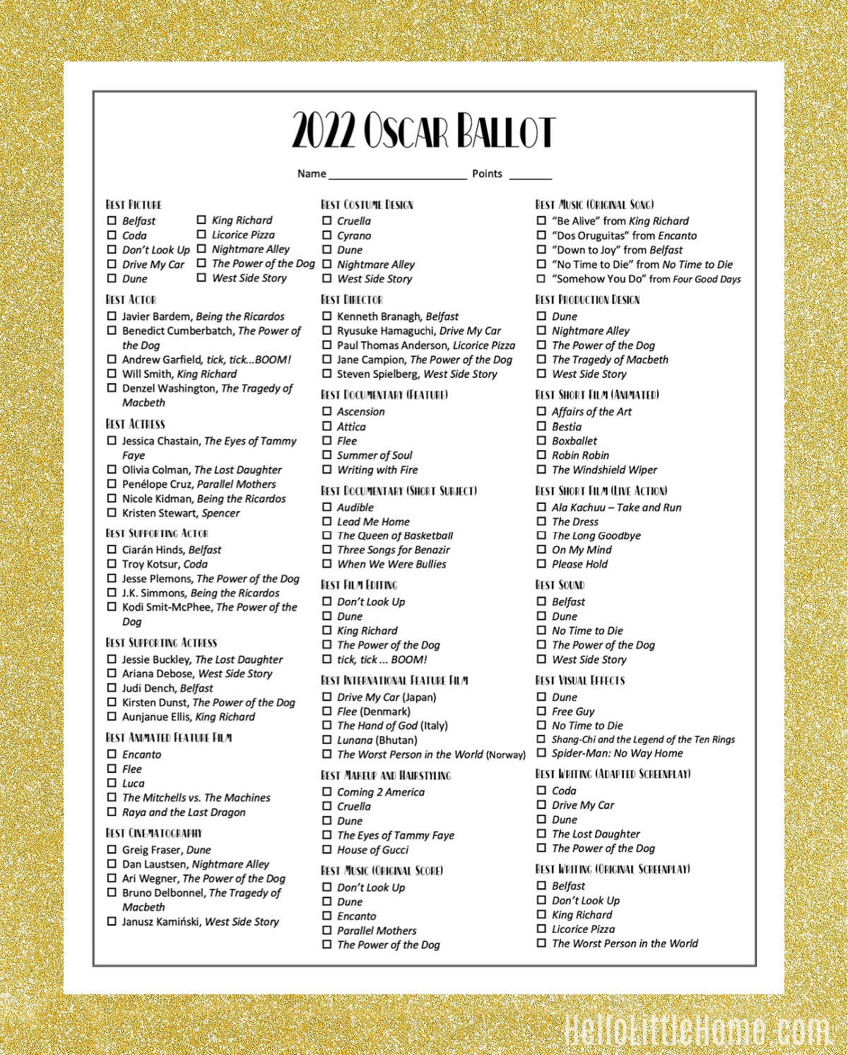 Oscar Printable Ballot 2025 L Alice Hornick