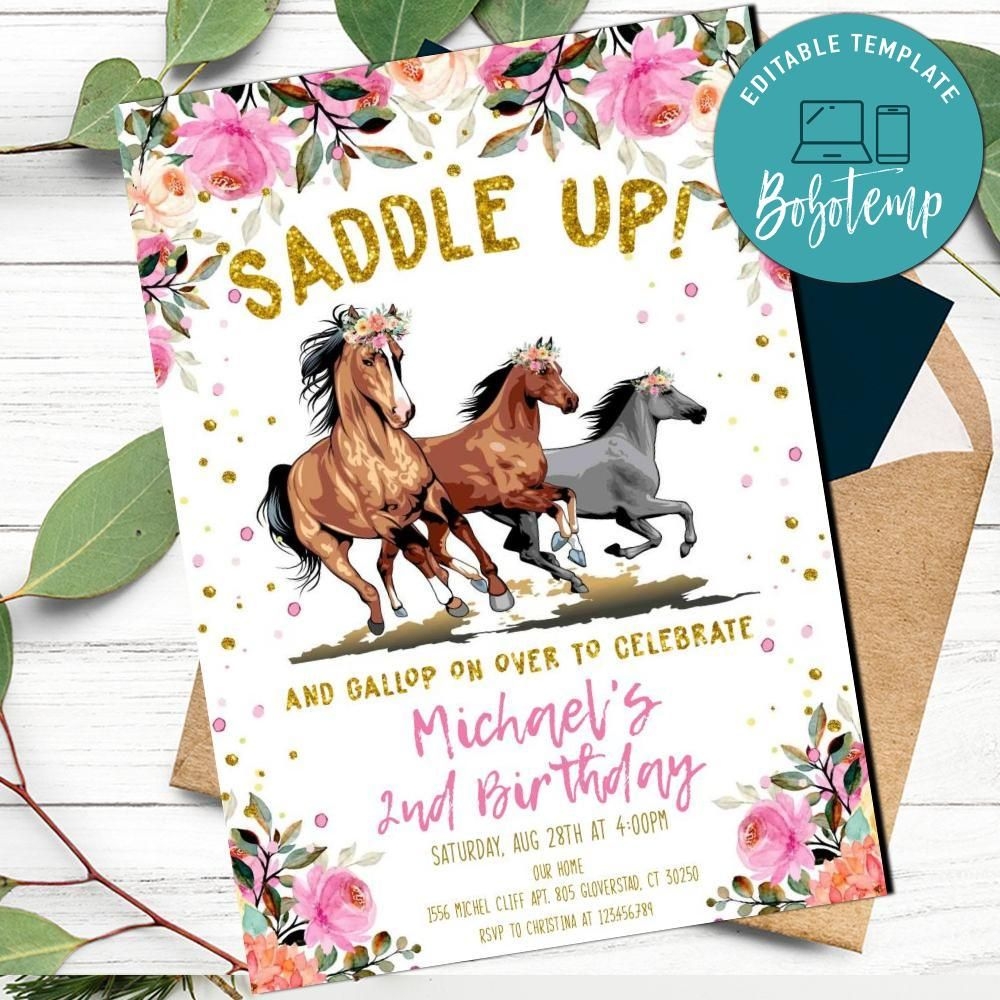 Pink Floral Horse Birthday Party Invitation Printable DIY Bobotemp