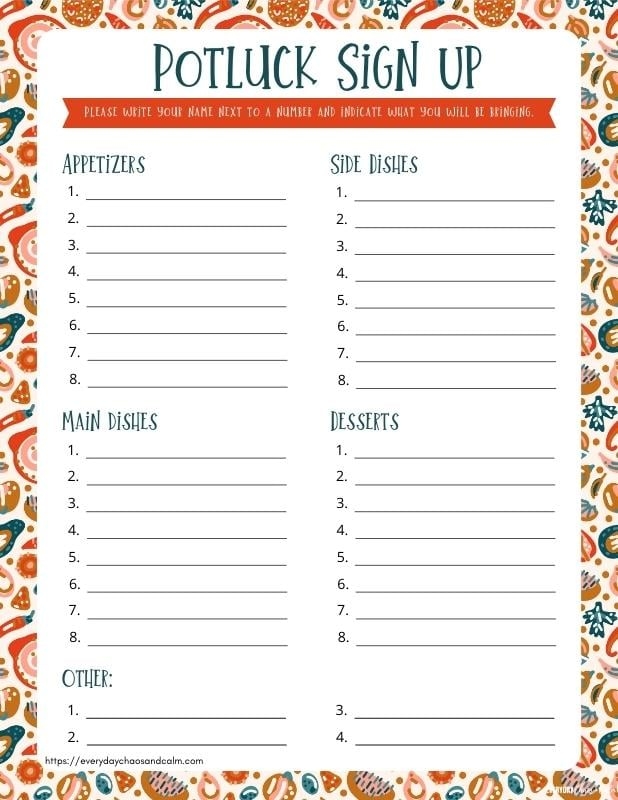 Potluck Sign Up Sheet Printable