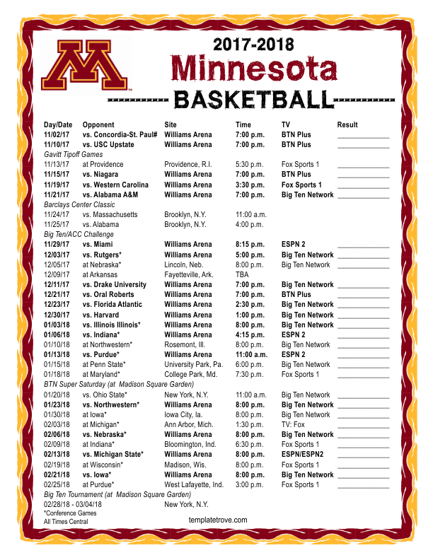 Printable 2017 2018 Minnesota Golden Gophers Basketball Schedule
