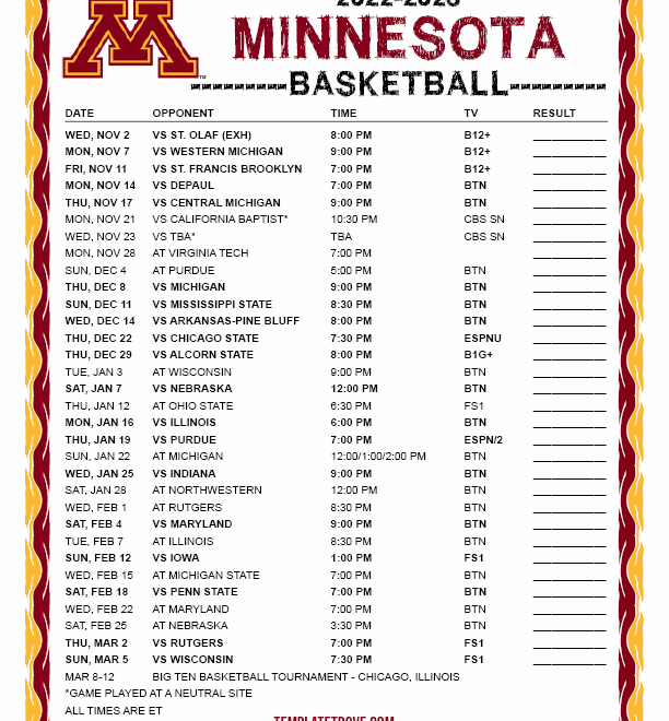 Printable 2022 2023 Minnesota Golden Gophers Basketball Schedule