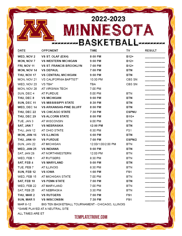 Printable 2022 2023 Minnesota Golden Gophers Basketball Schedule