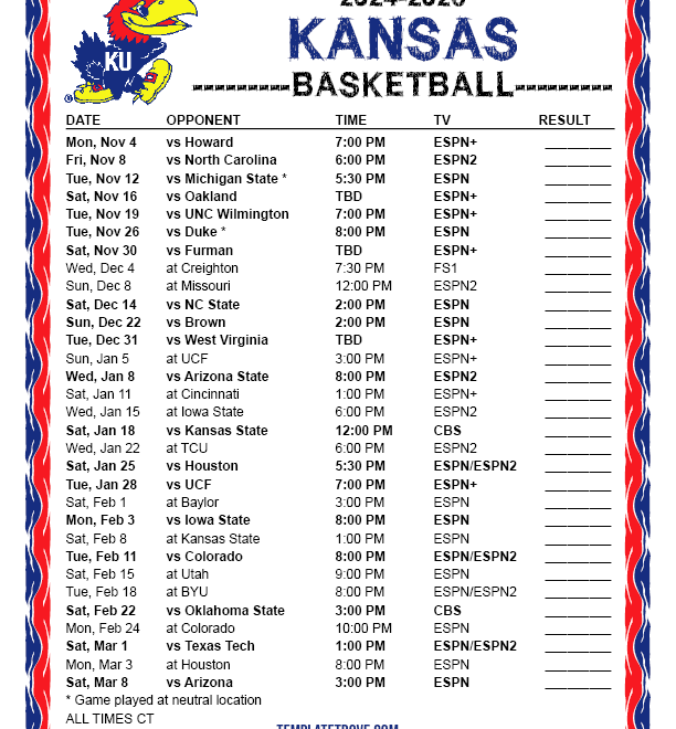 Printable 2024 2025 Kansas Jayhawks Basketball Schedule