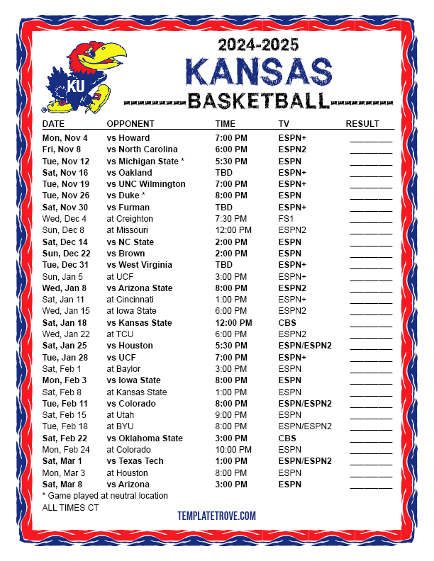 Printable 2024 2025 Kansas Jayhawks Basketball Schedule