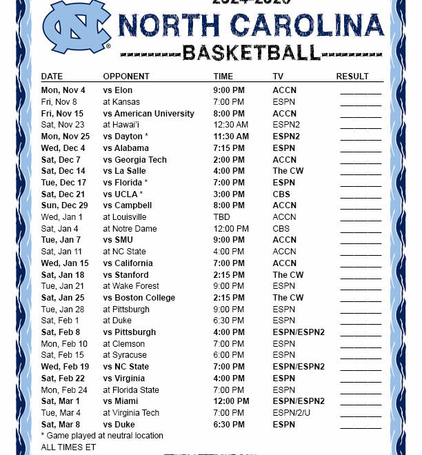 Printable 2024 2025 North Carolina Tarheels Basketball Schedule