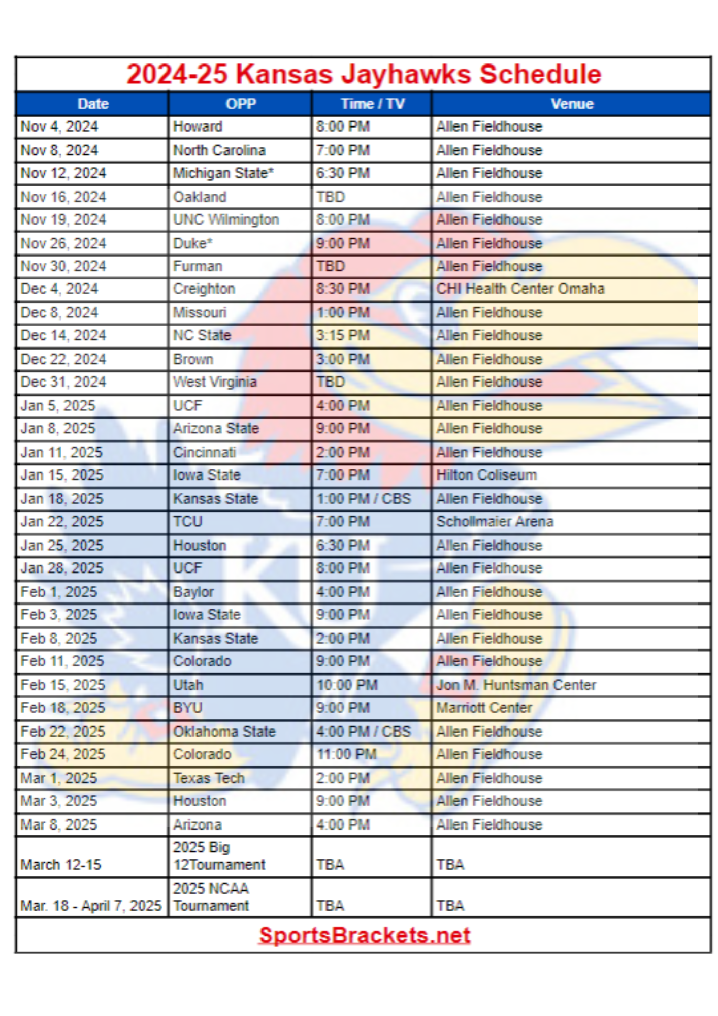 Printable 2024 25 Kansas Jayhawks Basketball Schedule TV Broadcasts 