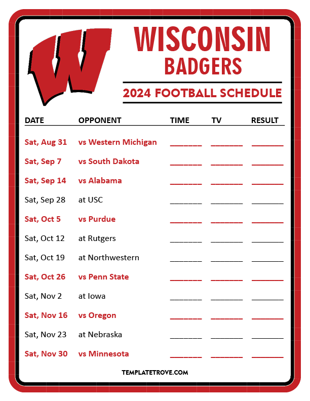 Printable 2024 Wisconsin Badgers Football Schedule Printable 2024 Wisconsin Badgers Football Schedule