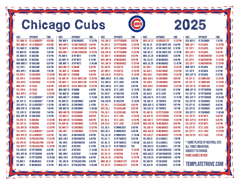 Printable 2025 Chicago Cubs Schedule