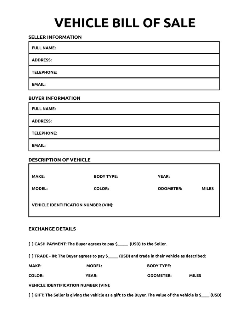 Printable Generic Auto Bill Of Sale