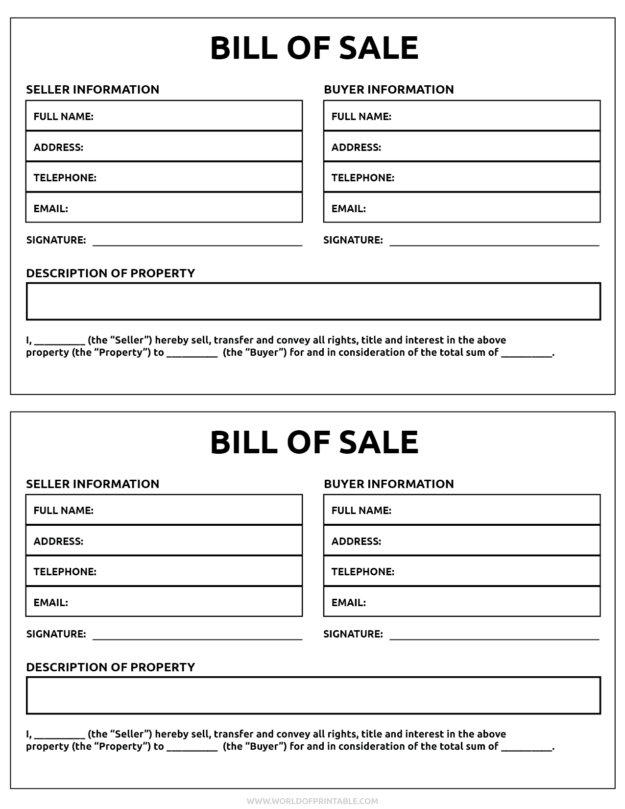 Printable Bill Of Sale World Of Printables
