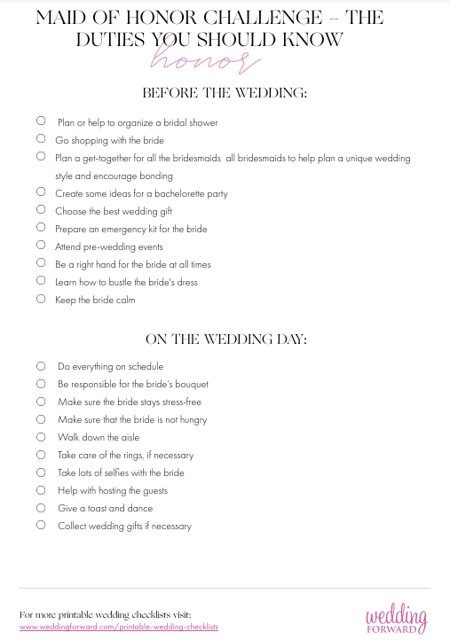 Printable Bridesmaid Duties