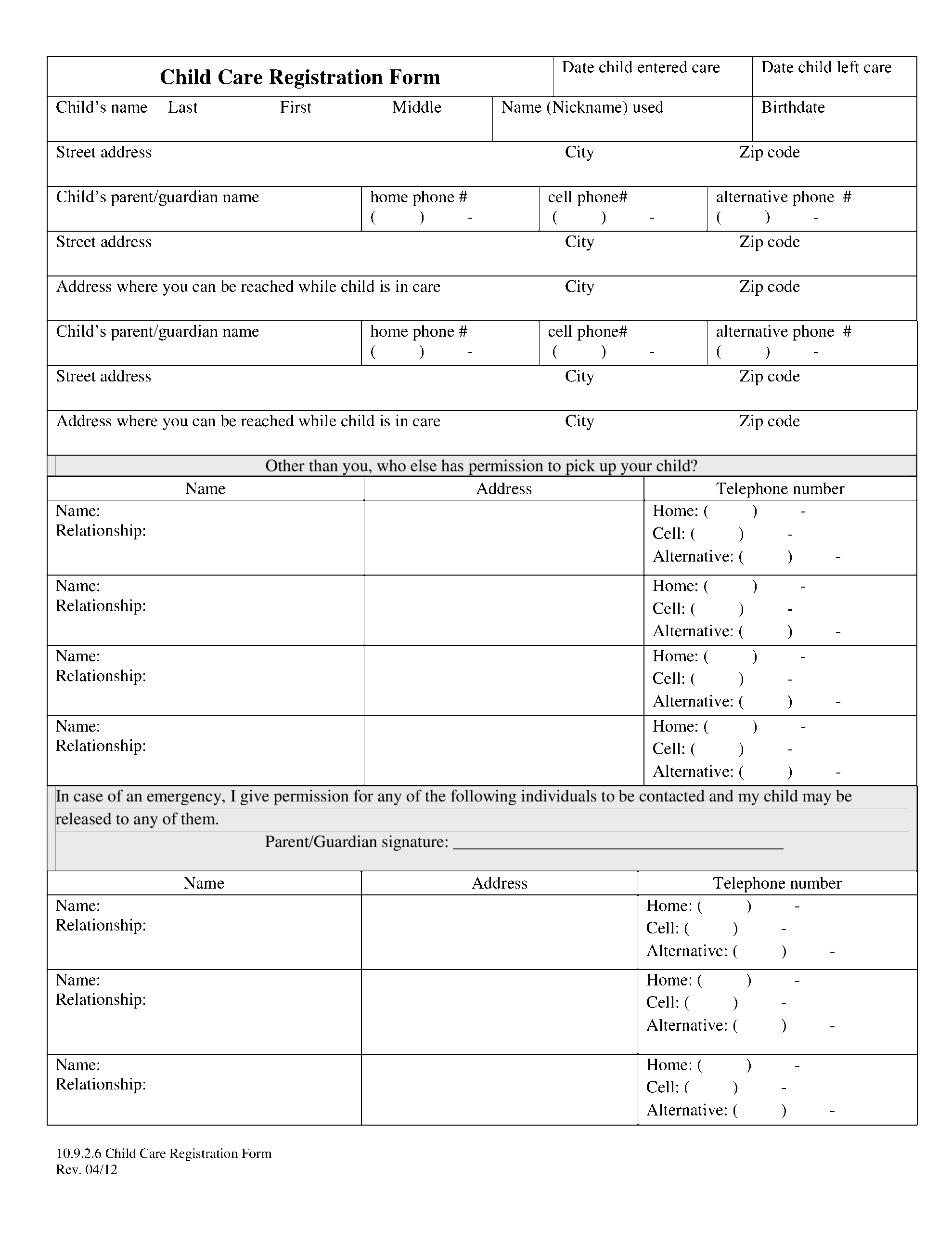 Printable Childcare Registration Form Templates At 