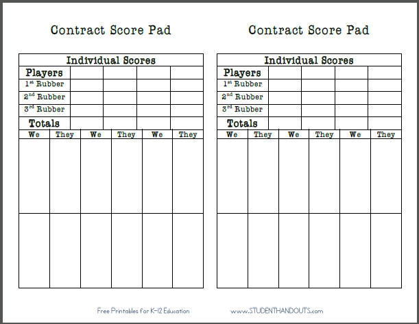 Printable Contract Bridge Score Sheet Student Handouts Printable Contract Bridge Score Sheet Student Handouts