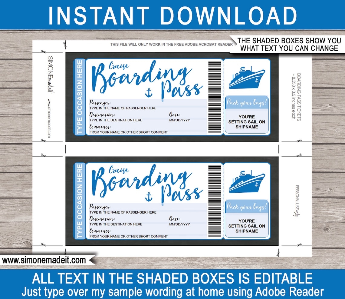 Printable Cruise Ticket Template Boarding Pass Gift Any Etsy