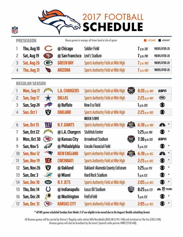 Denver Broncos Schedule 2025-2026 Printable