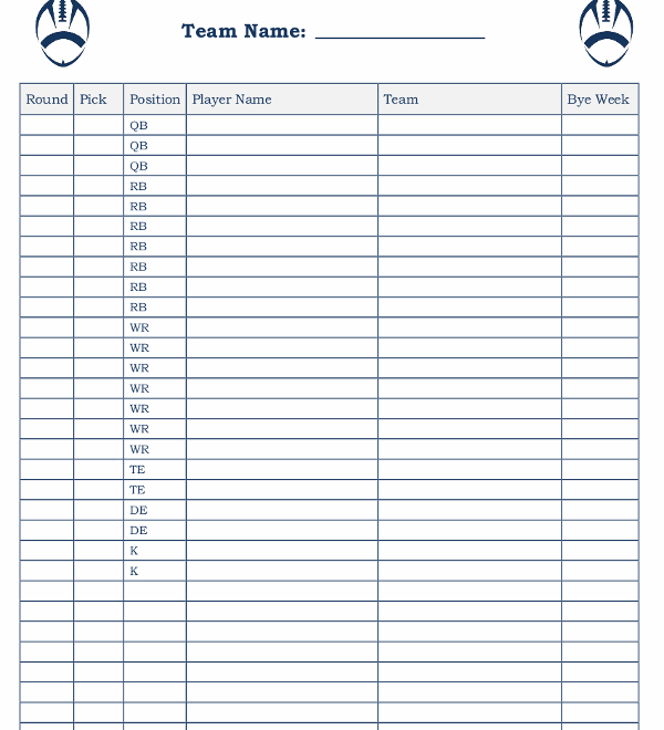 Printable Fantasy Football Roster Sheet Throughout Blank Football Depth