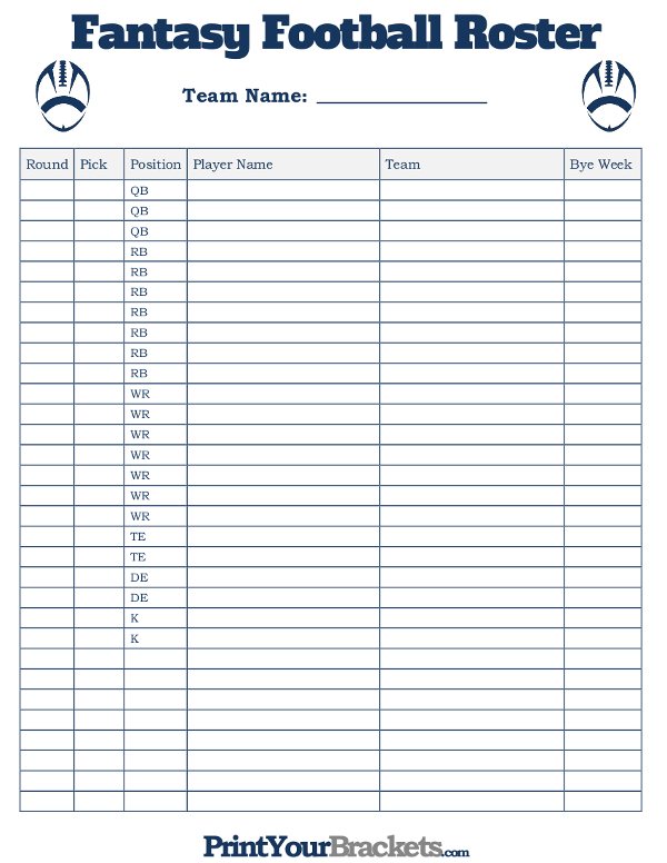 Printable Fantasy Football Roster Sheet Throughout Blank Football Depth 