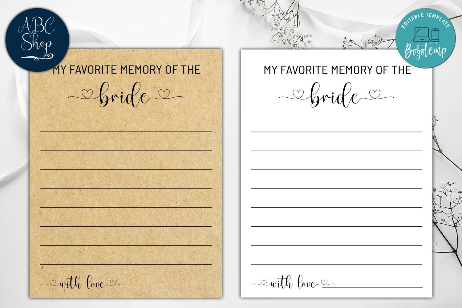 Printable Favorite Memory For The Bride Bridal Shower Game DIY 