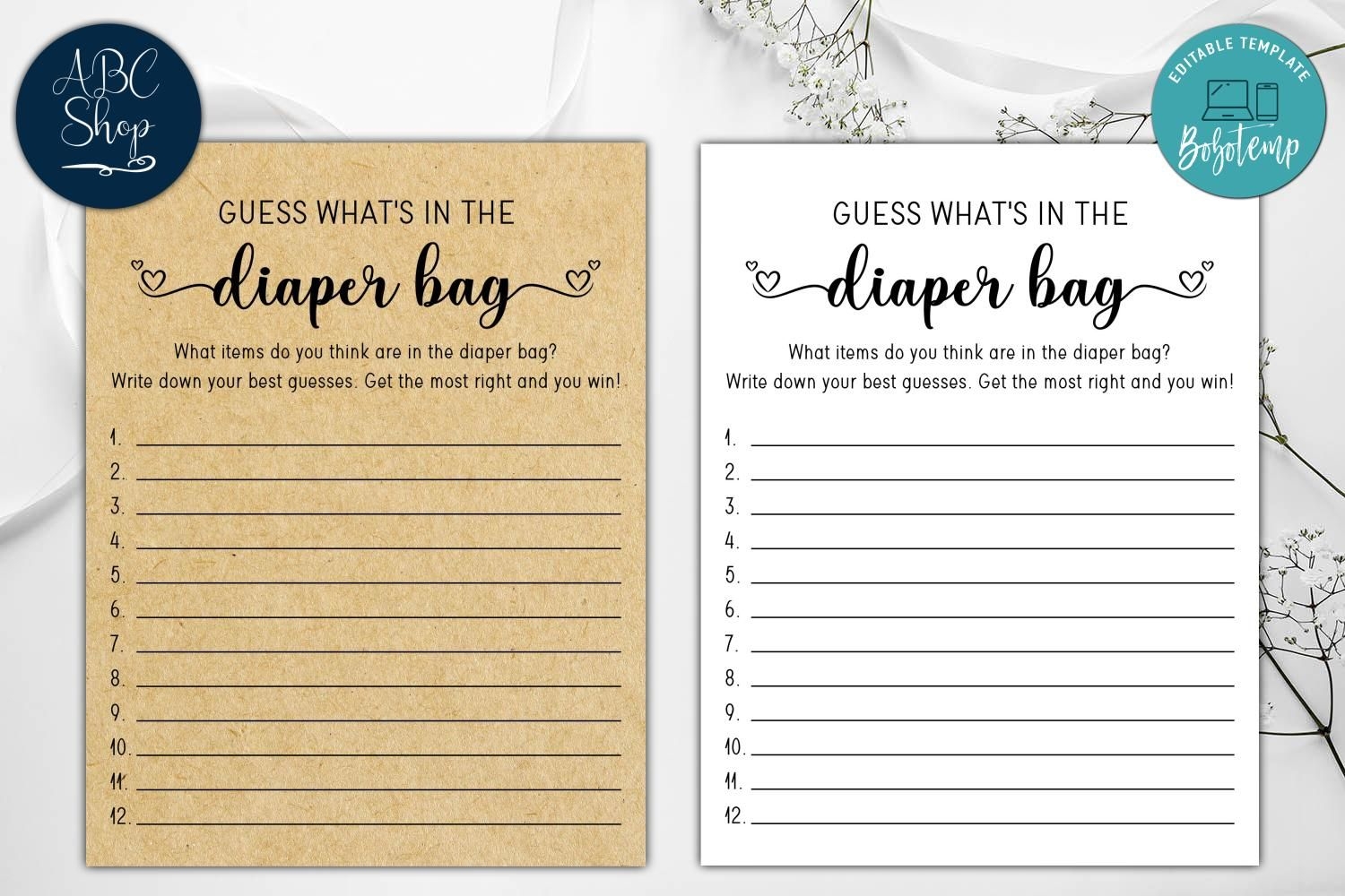 Printable Guess What 39 s In The Diaper Bag Baby Shower Game DIY 