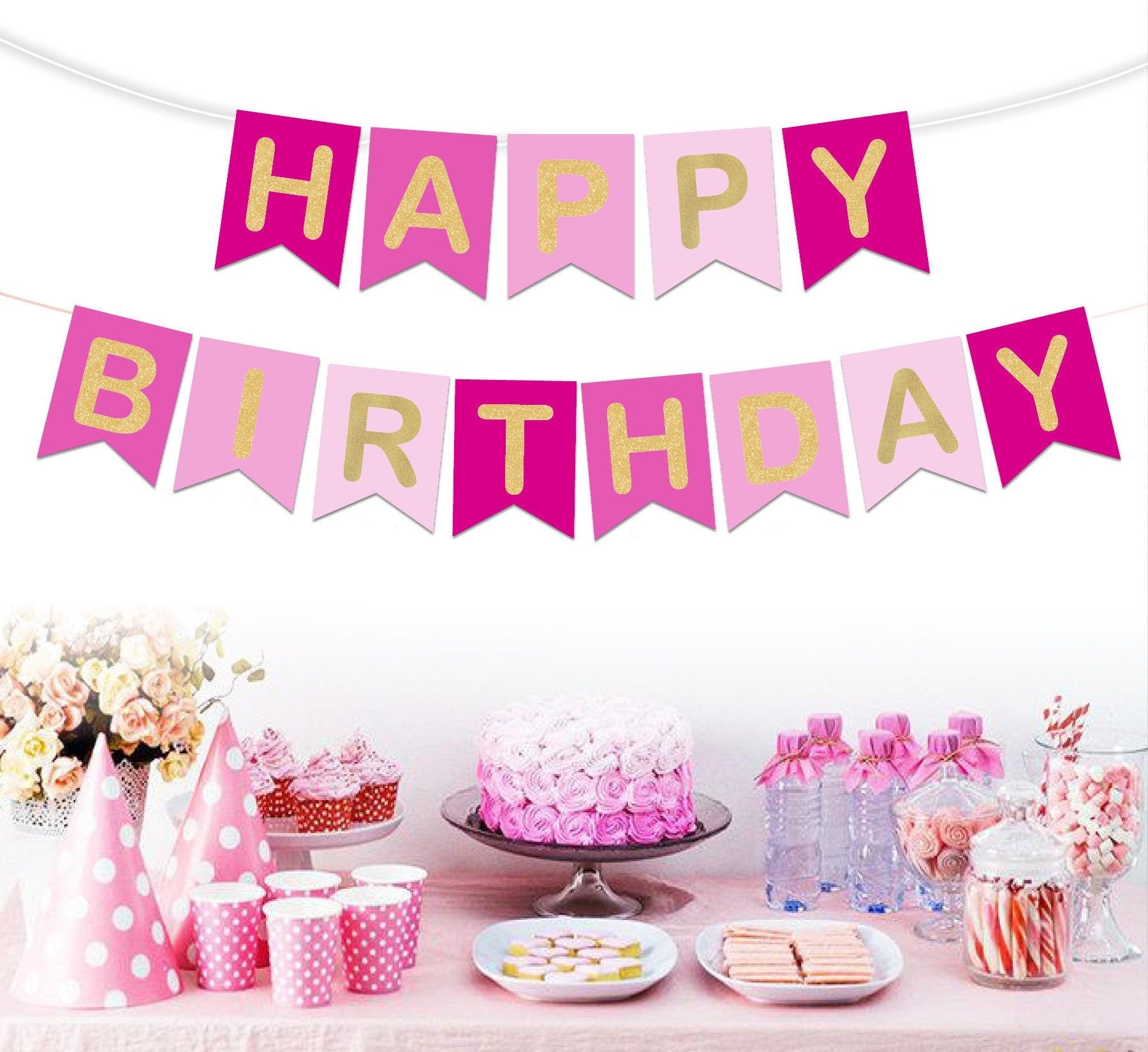 Printable Happy Birthday Banner Pink And Gold Instant Etsy 