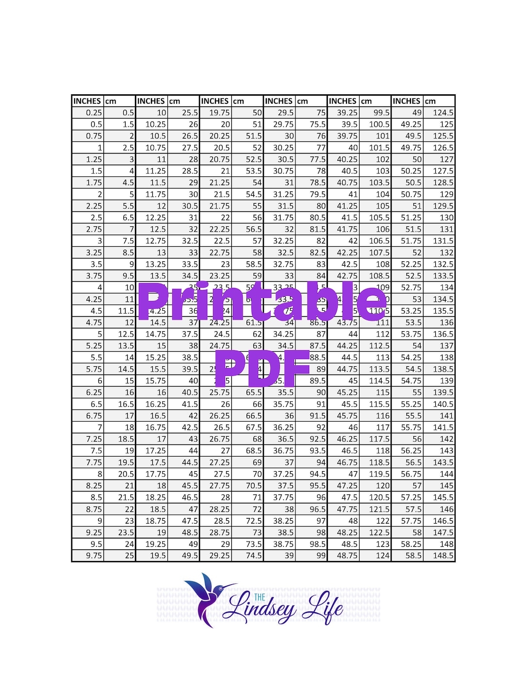 Printable Inches To Centimeter Conversion Chart Etsy