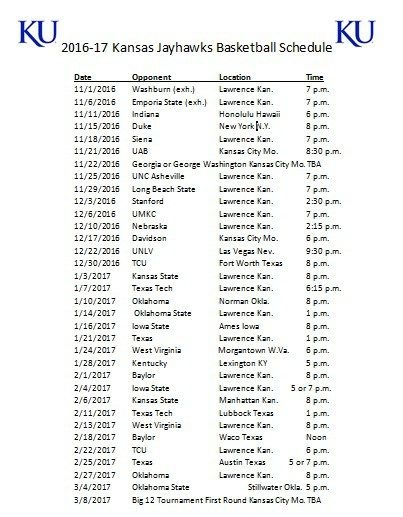Ku Jayhawks Basketball Printable Schedule