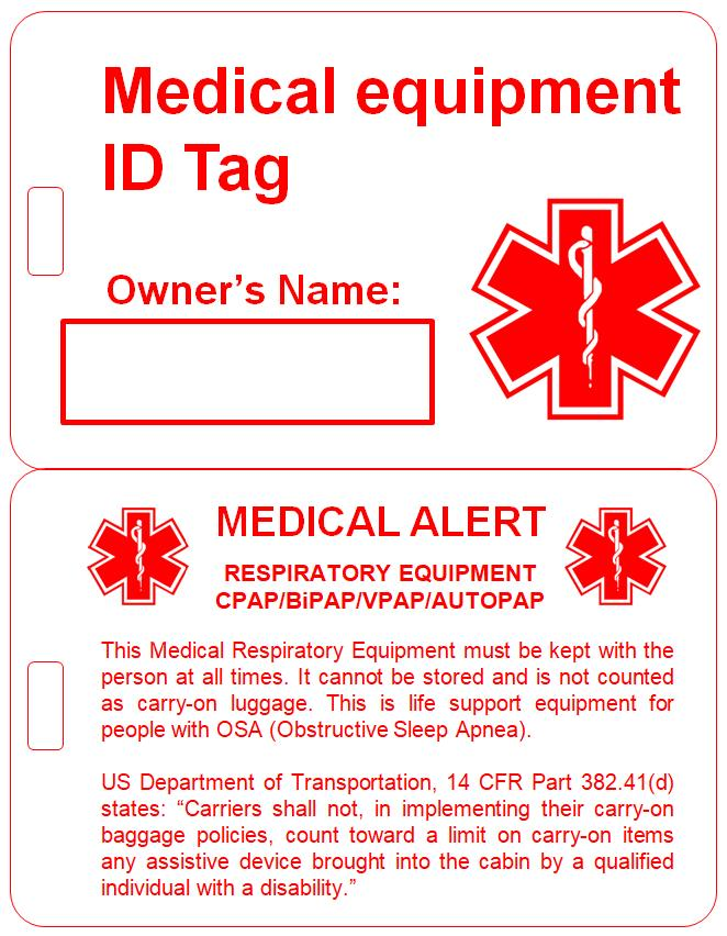 Printable Luggage Tab For Medical Device CPAPtalk Medical 