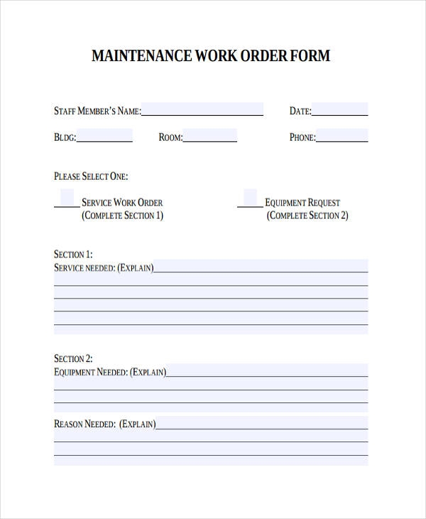 Printable Maintenance Work Order Template Printable Maintenance Work Order Template