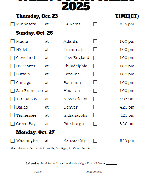 Printable Nfl Weekly Schedule 2025 J Peggy Sosa