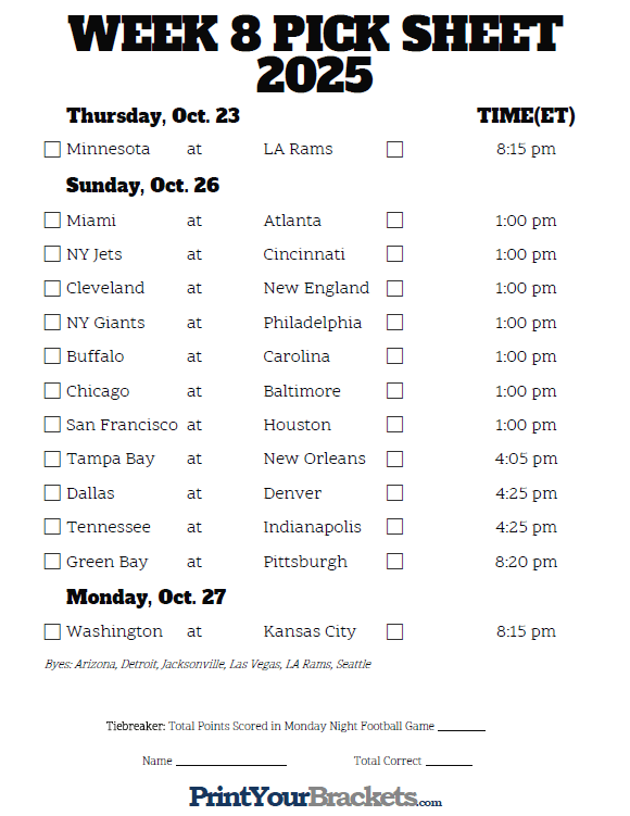 Printable Nfl Weekly Schedule 2025 J Peggy Sosa