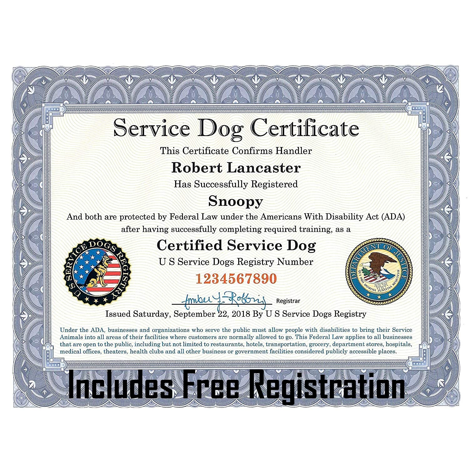 Downloadable Free Printable Service Dog Certificate