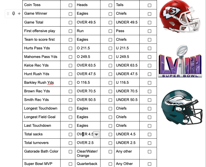 Printable Super Bowl 2025 Party Prop Bets Sheet For Chiefs Vs Eagles In