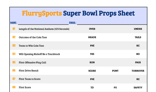 Printable Super Bowl Props Sheet 2025 SB LIX Prop Bets FlurrySports Printable Super Bowl Props Sheet 2025 SB LIX Prop Bets FlurrySports