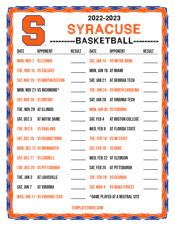 Printable Syracuse Basketball Schedule Printable Calendars AT A GLANCE