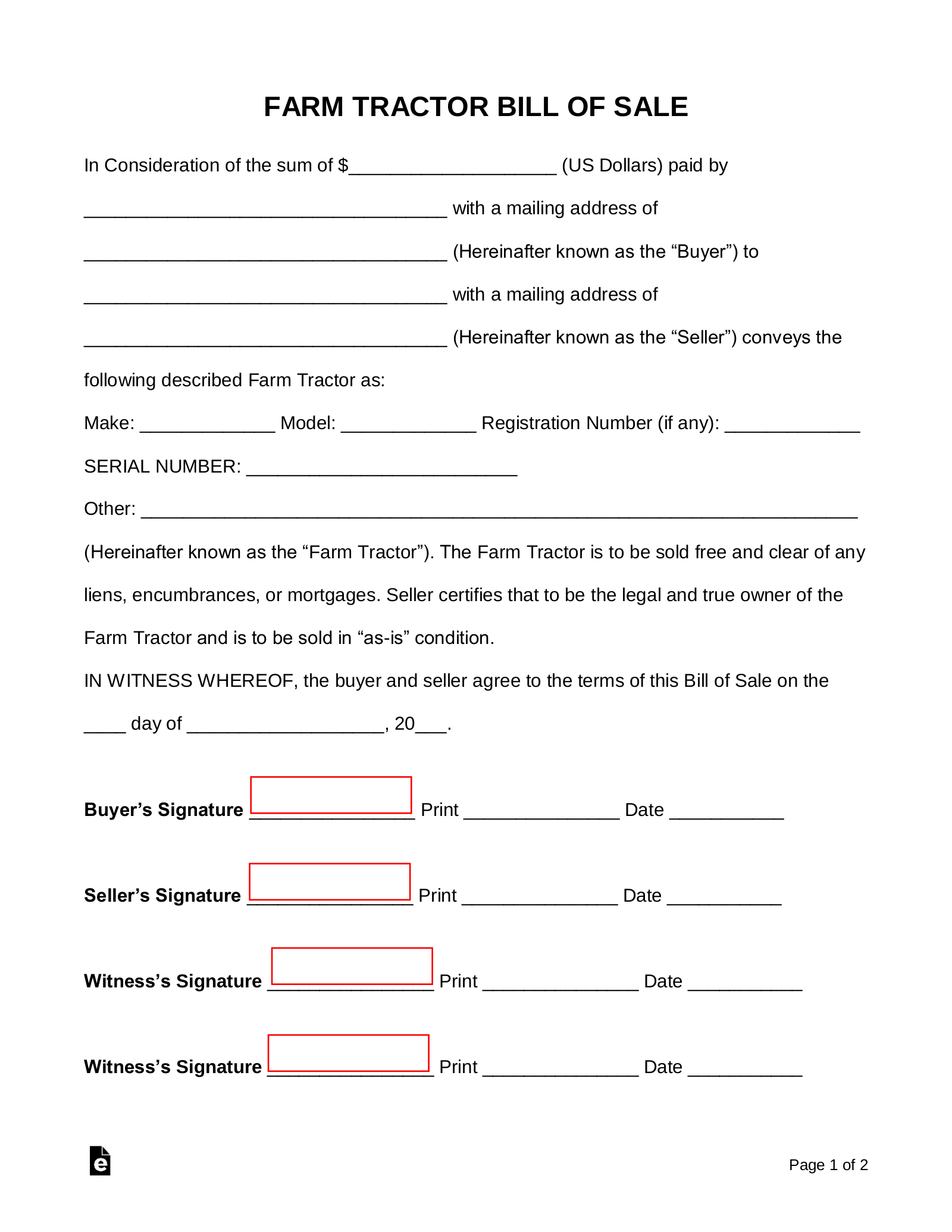 Printable Tractor Bill Of Sale