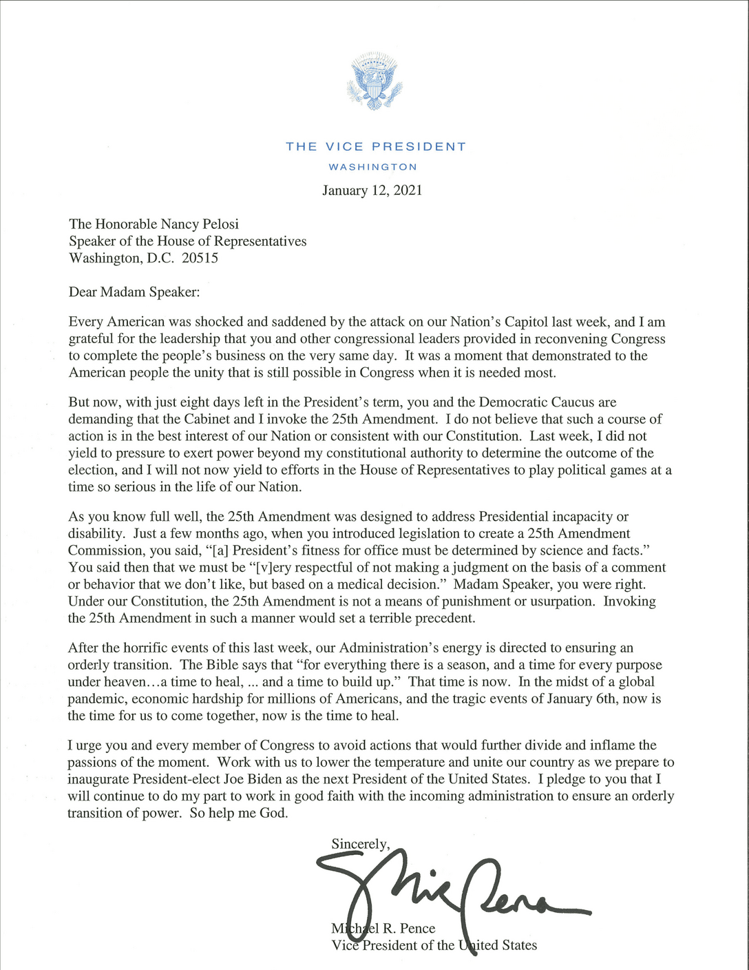 Read Pence s Letter To Pelosi The New York Times