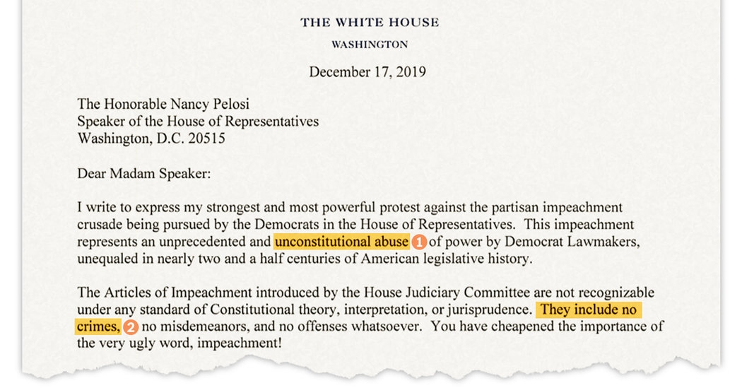 Read Trump s Letter To Pelosi Protesting Impeachment The New York Times