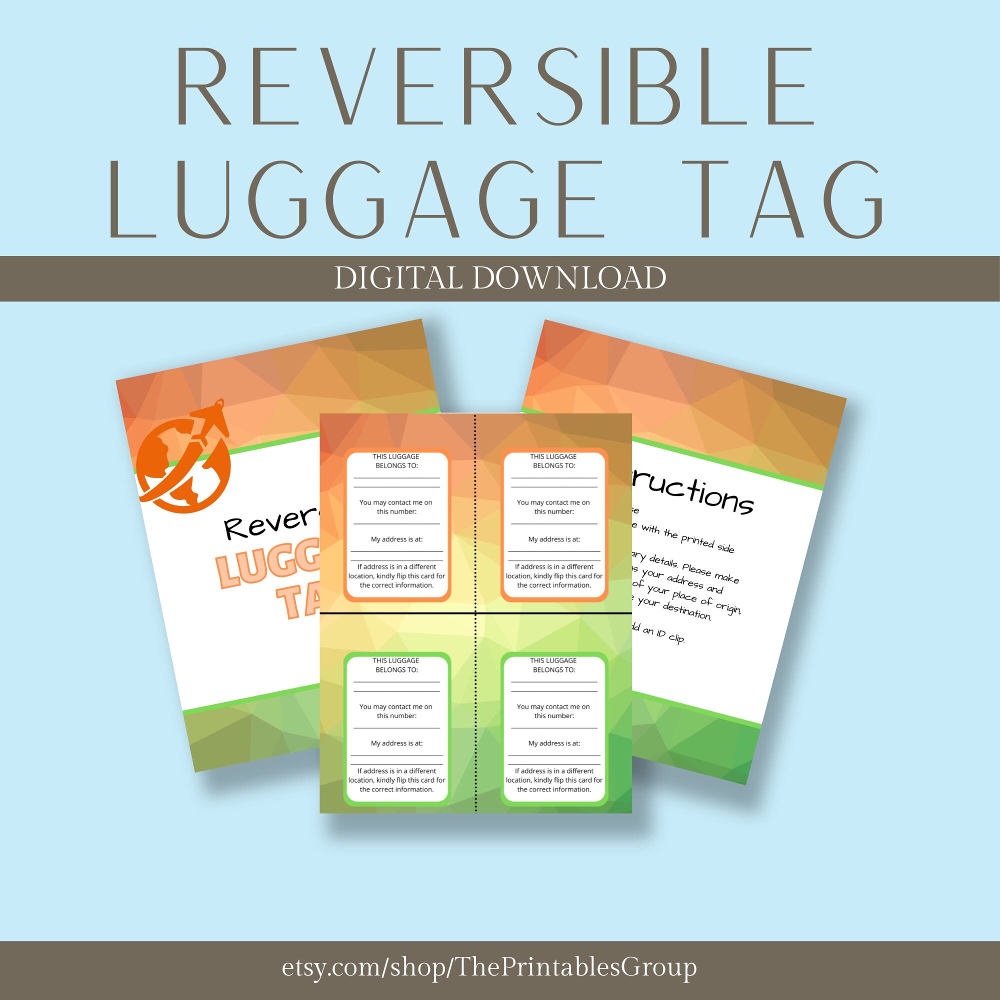 Reversible Luggage Tags Printable Two sided Backpack Travel Bag Tags 