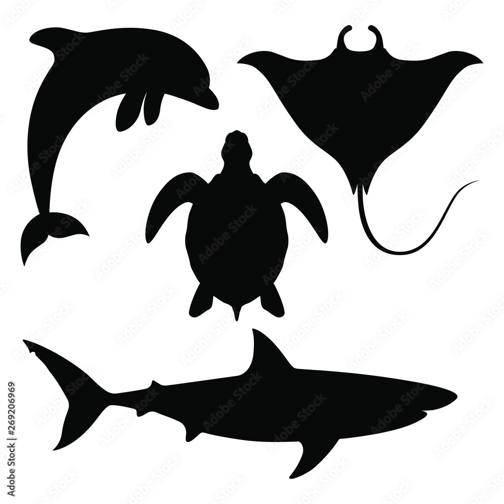 Sea Animals Set Icons Black Silhouettes Dolphin Shark Turtle And 
