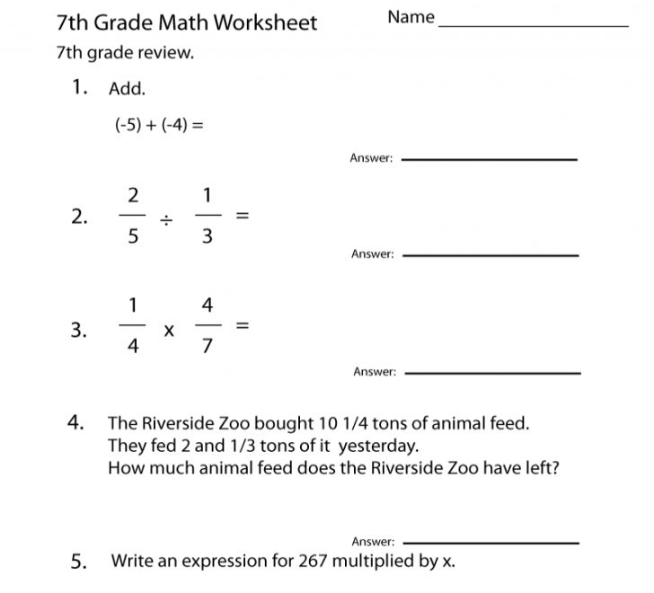 Seventh Grade Math Practice Worksheet Free Printable Math