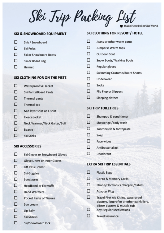 Ski Trip Packing List Printable