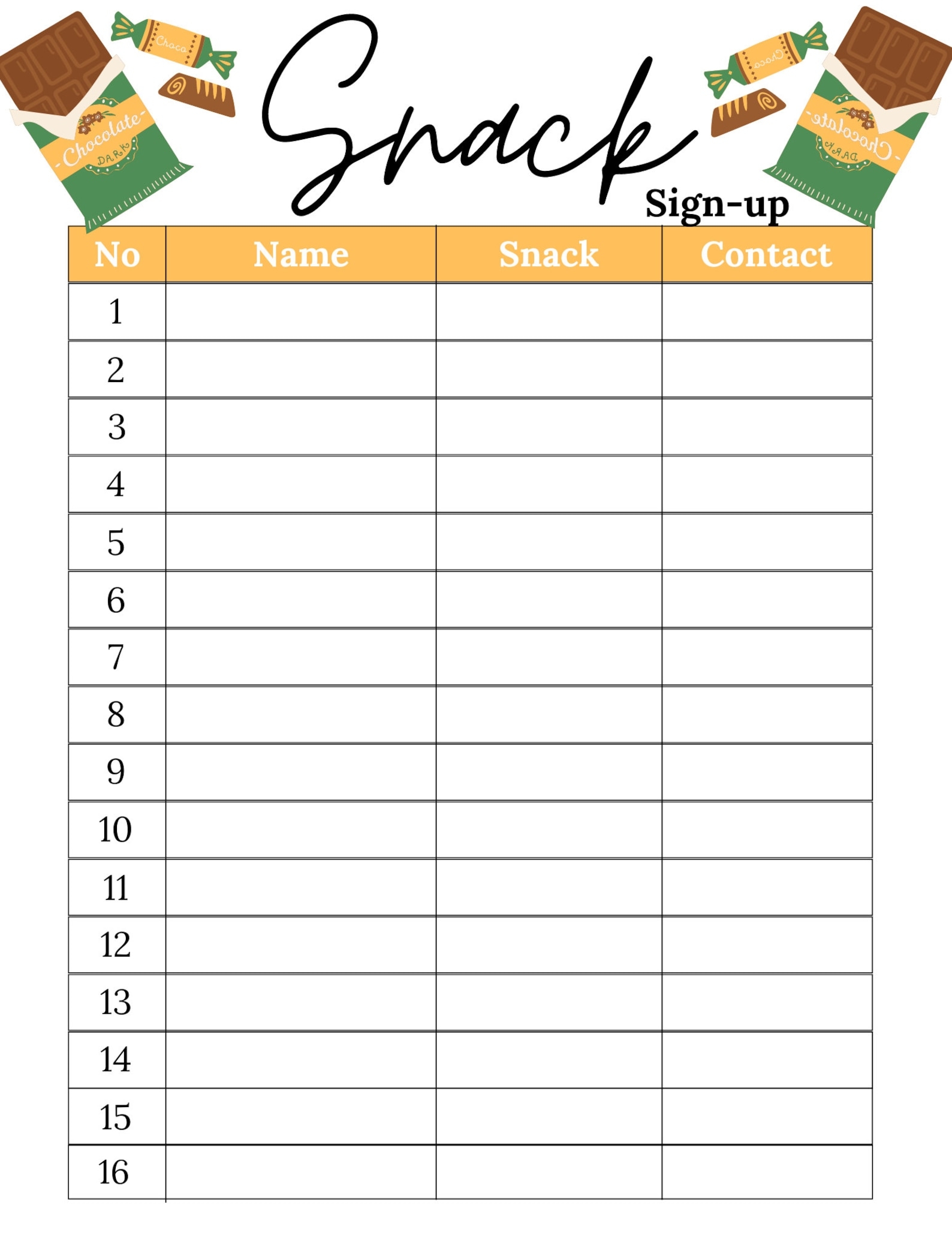 Snack Sign Up Sheet Snack Party Sign Up Sheet Printable Snack Sign 