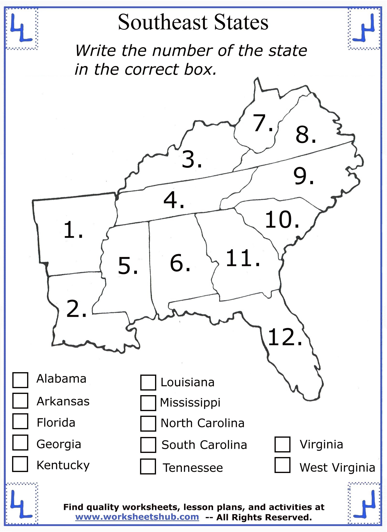 Southeast Region States Map Printable