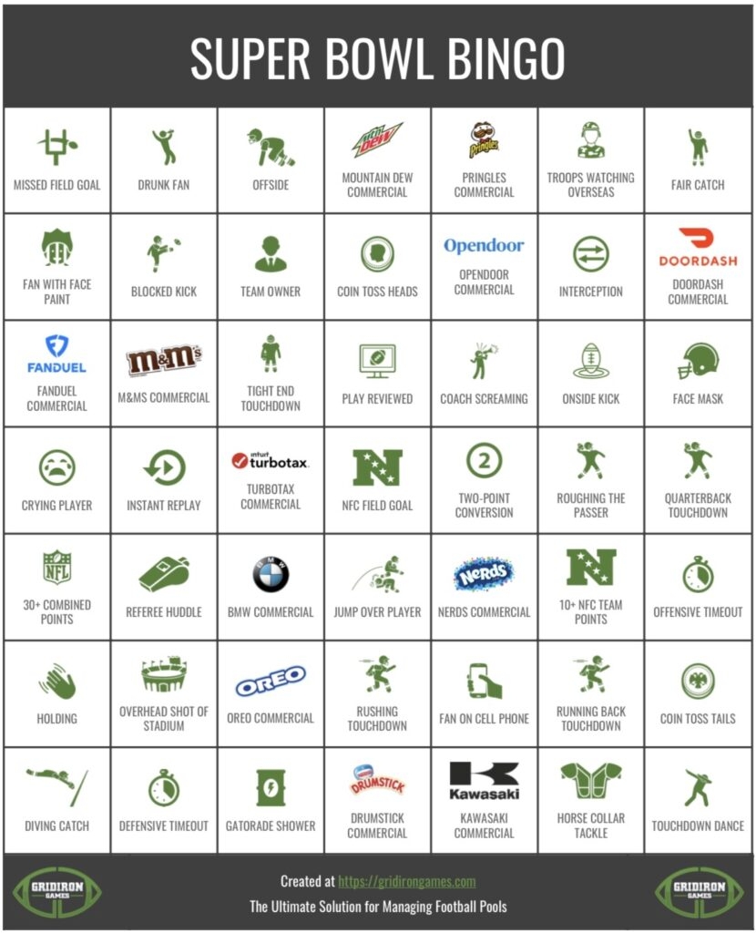 Super Bowl Bingo 2025 Free Printable Cards Commercial Bingo